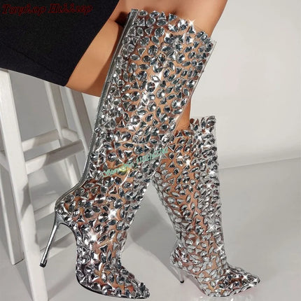 Women Rhinestone Silver Knee High Party Boots