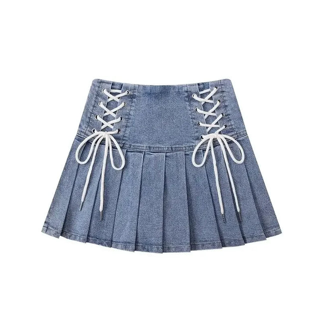 Women Blue Denim A-Line Drawstring Skirt