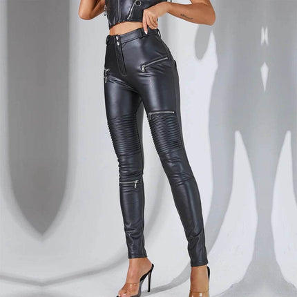 Women Leather Slim-Fit Zip Glossy Motorcycle Pants - Mad Fly Essentials