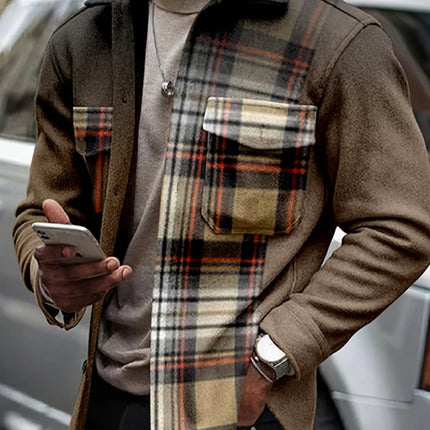 Person wearing a plaid shirt over a brown jacket, standing next to a car.

