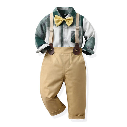 Boys Long Plaid Top+Suspenders Gentleman Outfit Sets