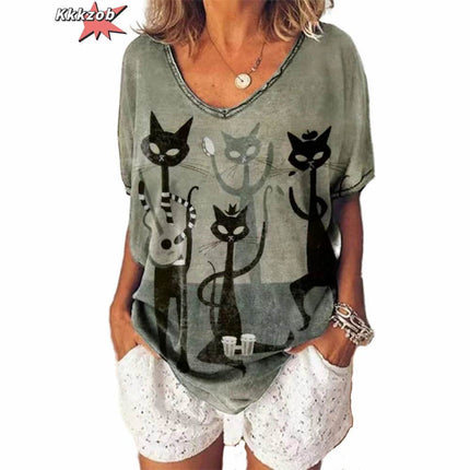 Women Fashion Abstract 3D Cat Animal Tees - Mad Fly Essentials