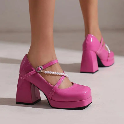 Women Square Toe Chunky Bead Design Heels