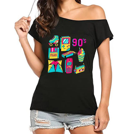 Shirt Women Off-Shoulder 90s Retro Graphic Tee - Shirt - Mnealways18 - Mad Fly Essentials