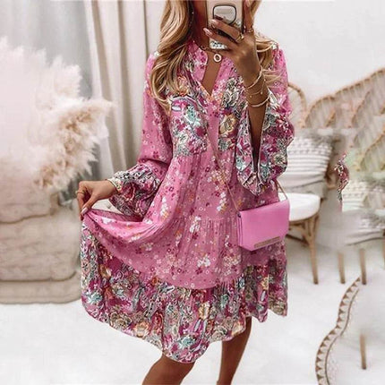 Women Retro Floral Flare Sleeve Mini Dress - Mad Fly Essentials