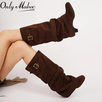 Boots Women Brown Leather Buckle Low Heel Footwear - Boots - Onlymaker - Mad Fly Essentials