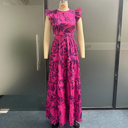 Women O-Neck Lace Ruffled Maxi Dress