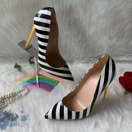 High Heels Women Black White Striped Pointed Heels - High Heels - wetkiss - Mad Fly Essentials
