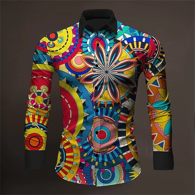 Men 3D Baroque Fashion Button Long Lapel Shirt