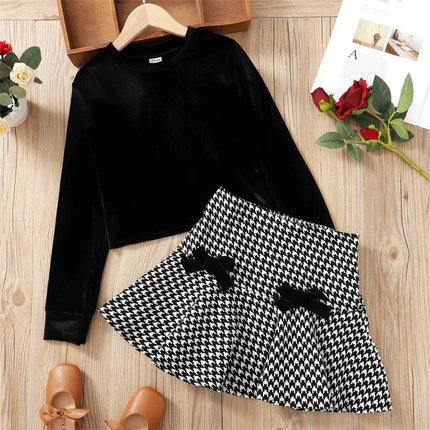 Girl Velvet Long Houndstooth 2pc Skirt Set - Mad Fly Essentials