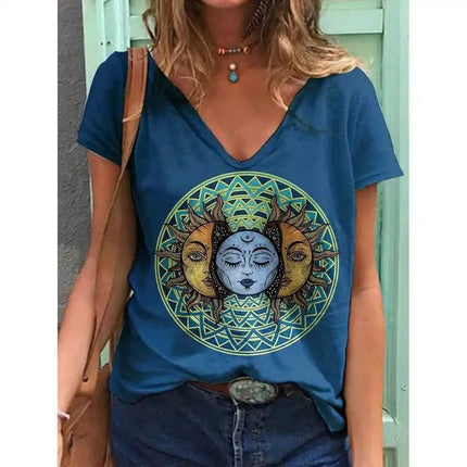 Women Vintage Sun-Moon Plus Short Shirts