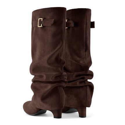 Boots Women Brown Leather Buckle Low Heel Footwear - Boots - Onlymaker - Mad Fly Essentials
