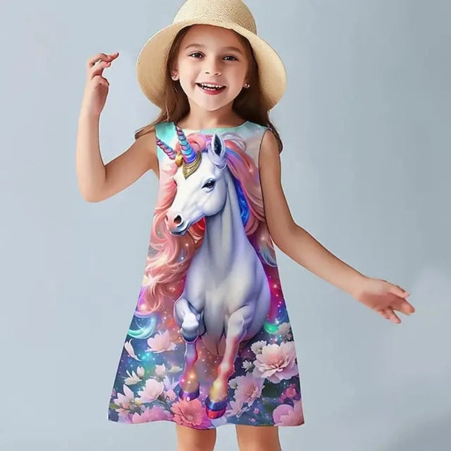 Girls' 3D Sleeveless Cartoon Unicorn Dress