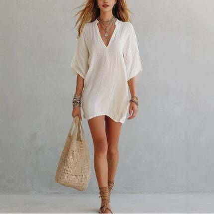 Business Attire Women Boho Linen Mini Dress - Business Attire - Suit Set - Mad Fly Essentials