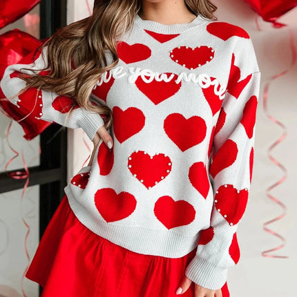 Women O-Neck Hearts Loose Pullover Sweater