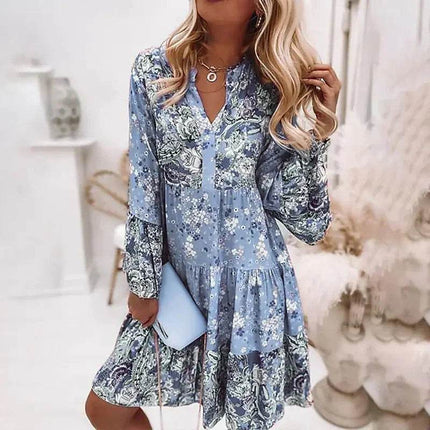 Women Retro Floral Flare Sleeve Mini Dress - Mad Fly Essentials