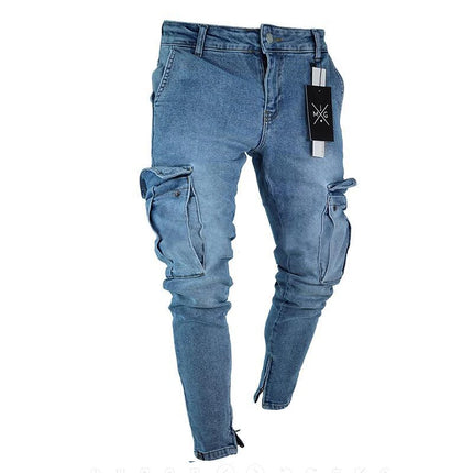 Men Mid Waist Denim Cargo Jeans