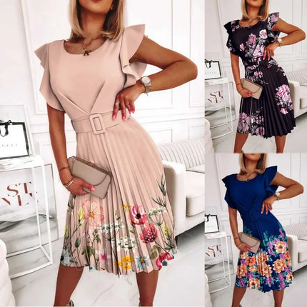 Women Fashion Vacation Casual Floral Pleated Dress