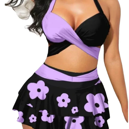 Women 2024 Swimwear Black Purple Floral S-3XL Bikini Set