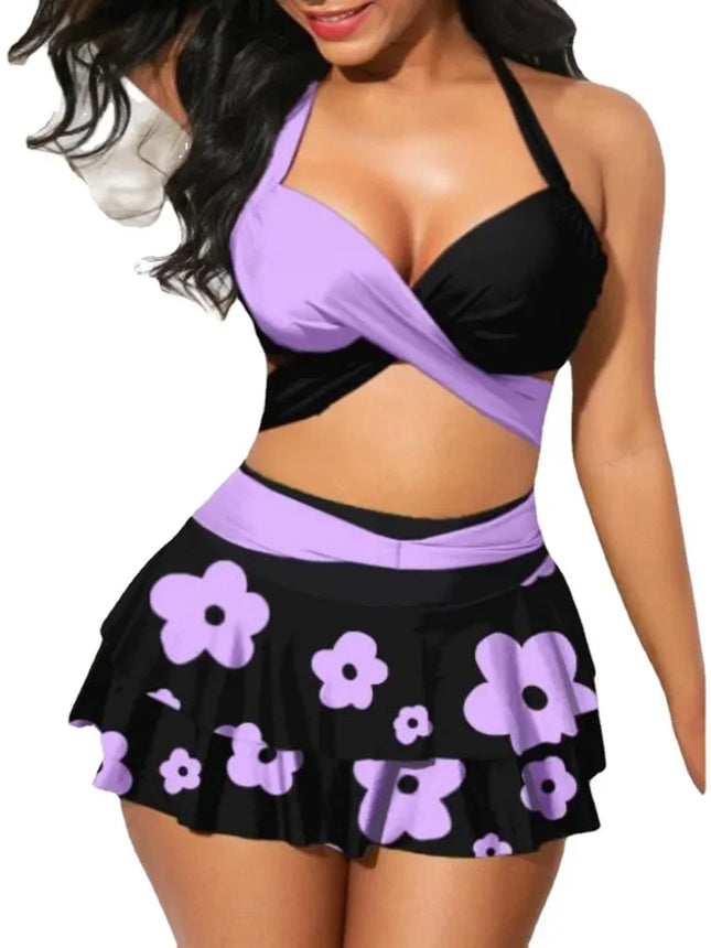 Women 2024 Swimwear Black Purple Floral S-3XL Bikini Set