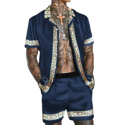 Tracksuit Men Lapel Patchwork Short Hawaiian Tracksuit Set - Tracksuit - Samlona - Mad Fly Essentials