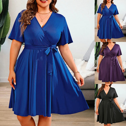 Women Solid Summer V Plus A-Line European Blue Dress