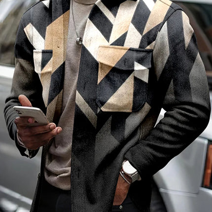 Person wearing a patterned jacket holding a phone, with a blurred background

