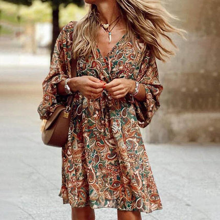 Women Retro Floral Flare Sleeve Mini Dress - Mad Fly Essentials