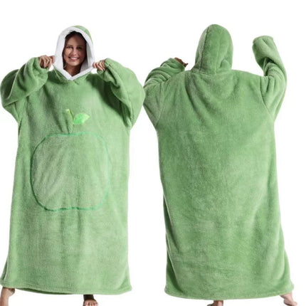 Green hooded blanket worn by a person, shown from front and back on a white background

