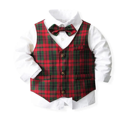 Boys 4pc Gentleman Plaid Vest-Pants-Top Clothing Set