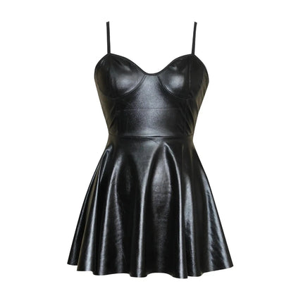 Women Sexy Lingerie Black Lace-up Leather Mini Dress