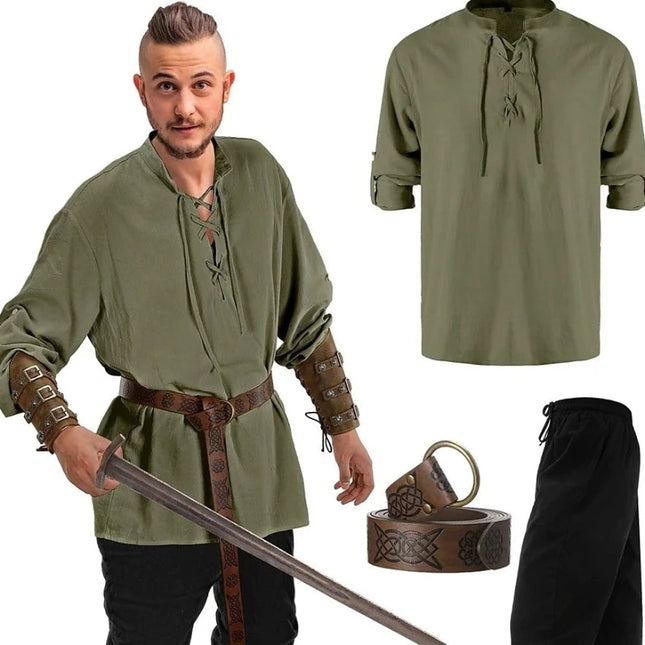 Men Retro Medieval Viking Top Pants Pirate Outfits