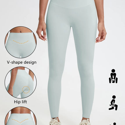 Light blue leggings with V-shape design, hip lift, and deep V lift features on a white background.

