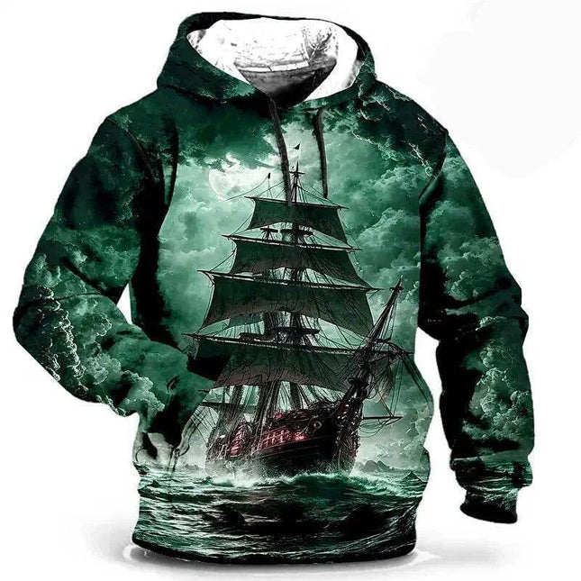 Men Medieval 3D Sailboat Street Casual Hoodies - Mad Fly Essentials