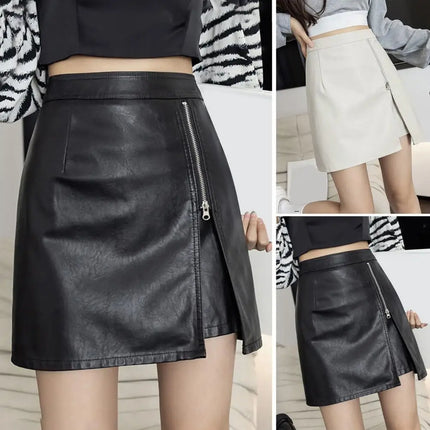 Women's Black White Leather Mini Skirt