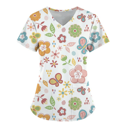 Women 3D Short Floral Daisy Nursing Scrubs