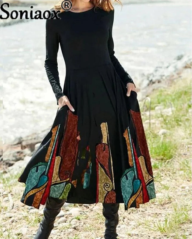 Women Vintage Bohemian Gradient MIDI Pocket Dress