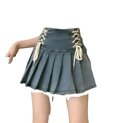 Women Blue Denim A-Line Drawstring Skirt