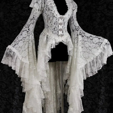 Women White Vintage Solid Lace Flare Medieval Costume Dress