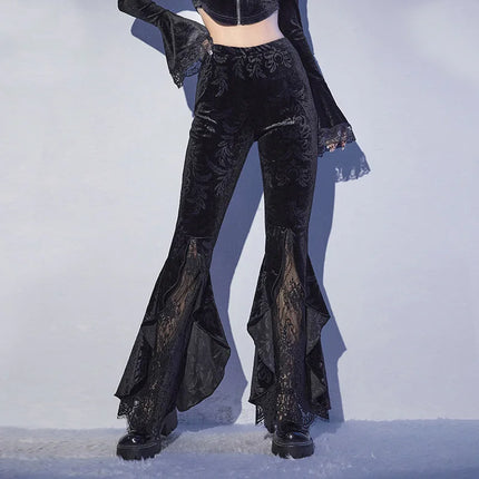 Women Solid Lace Gothic Velvet Black Flare Pants