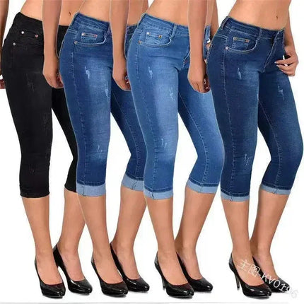 Jeans Women Solid High Waist Slim Fit Capri Pants - Jeans - HFSHY - Mad Fly Essentials