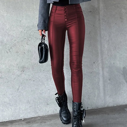 Women Fashion Red Black Leather Casual Cargo Pants