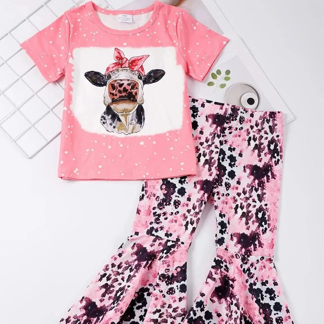 Baby Girl Pink Animal Long Flare Pants Top Outfit Set