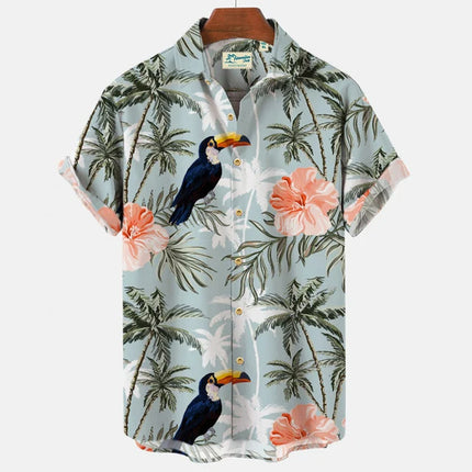 Men Hawaiian Parrot Animal Lapel Shirts