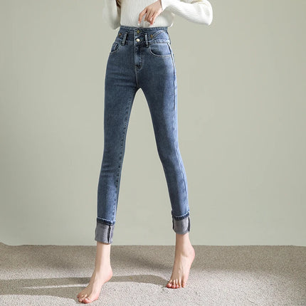 Women Skinny High Waist Fleece Velvet Jeans
