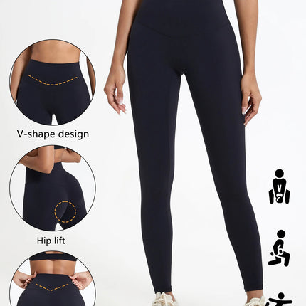 Black leggings with V-shape design, hip lift, and deep V feature highlighted on a white background.

