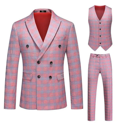 Men Red Striped Plaid 3pc Suit Dress Blazer Pants Vest Set