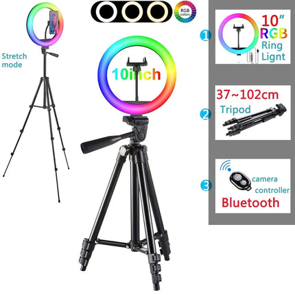 LED RGB 10in Selfie Ring Light Tripod Camera Set