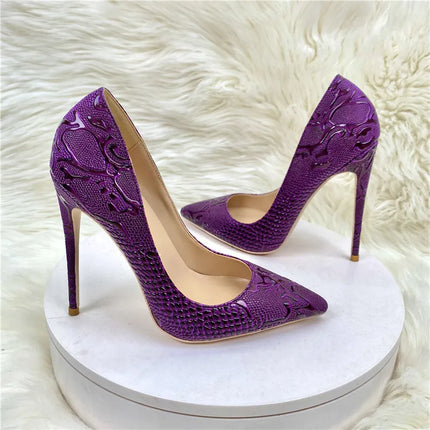 High Heels Women Purple Floral Embossed Crocodile Effect Heels - High Heels - Tikicup - Mad Fly Essentials