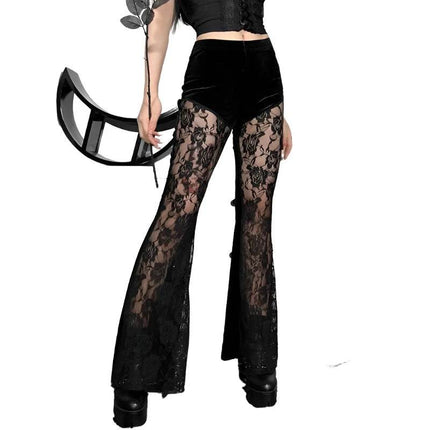 Women Black Gothic Lace Flare Pants - Mad Fly Essentials